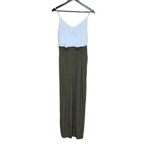 NEW! Shine Star Jumpsuit Paper Bag Waist Tank Top White Olive Green Size Medium